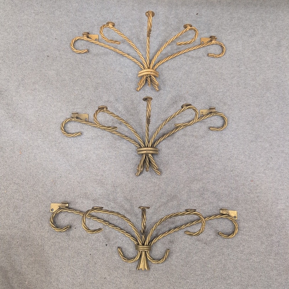 Vintage Twisted Metal Gold Tone Wall Brackets Set of 3 Hollywood Regency Style